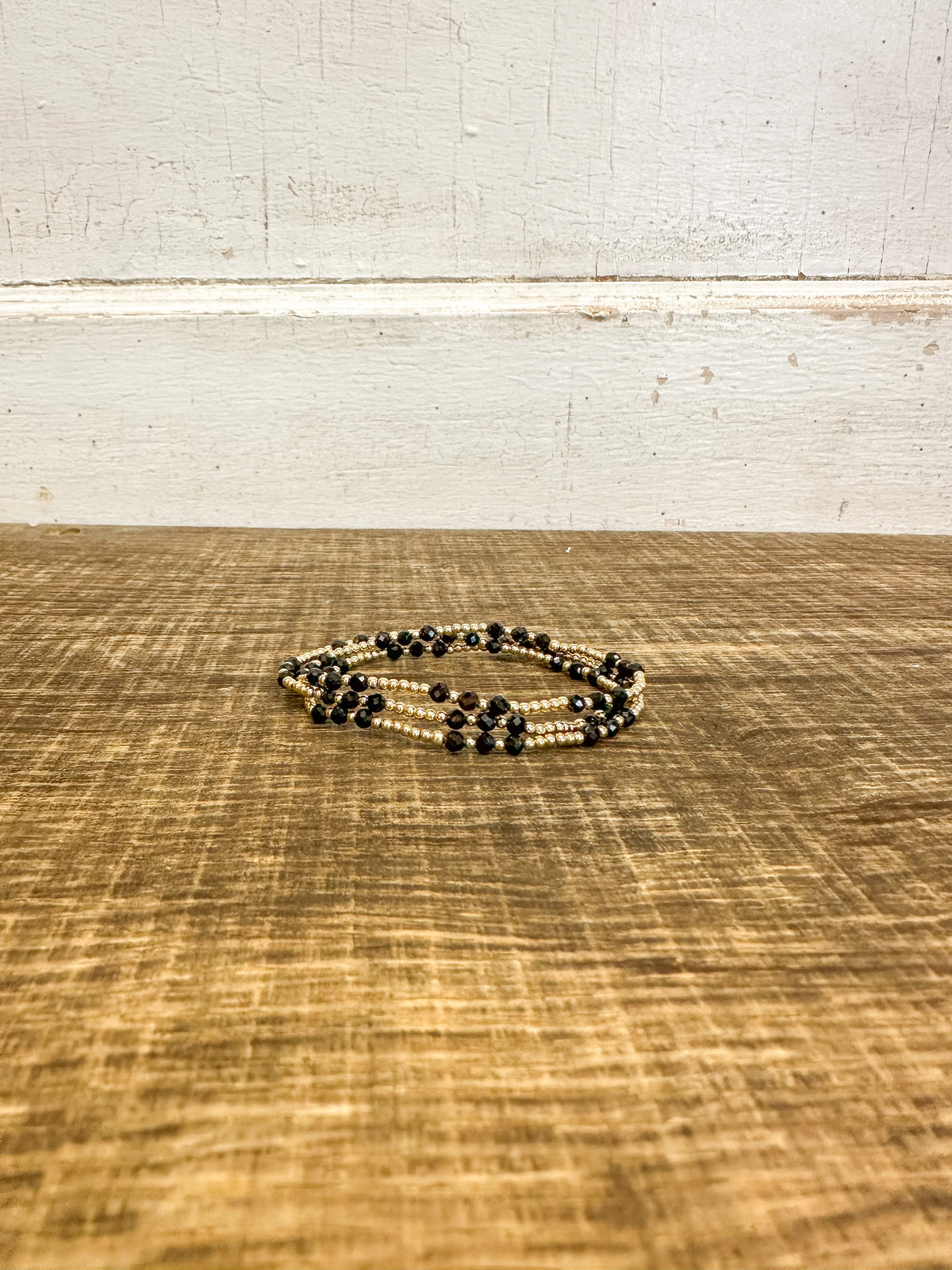 Gemstone Gold Joy Pattern 3mm Bead Bracelet - Faceted Onyx