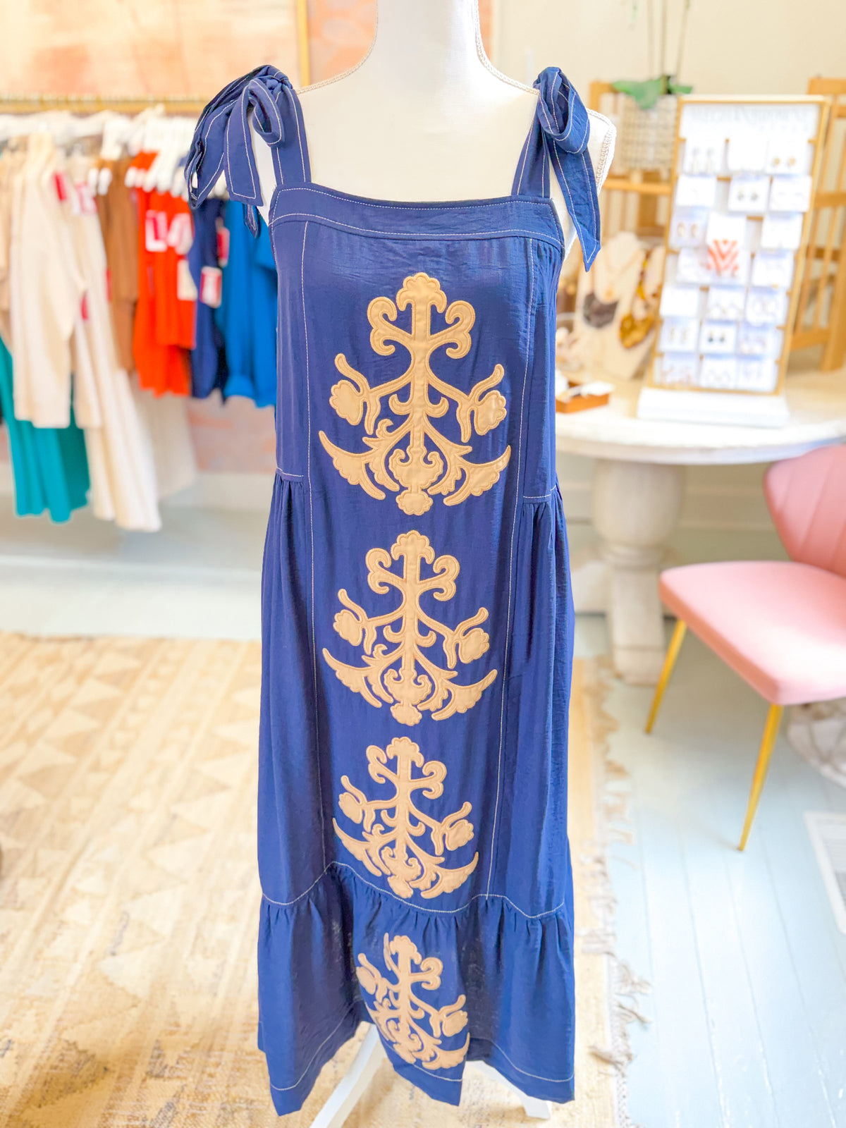 Navy Embroidery Tie Strap Midi Dress