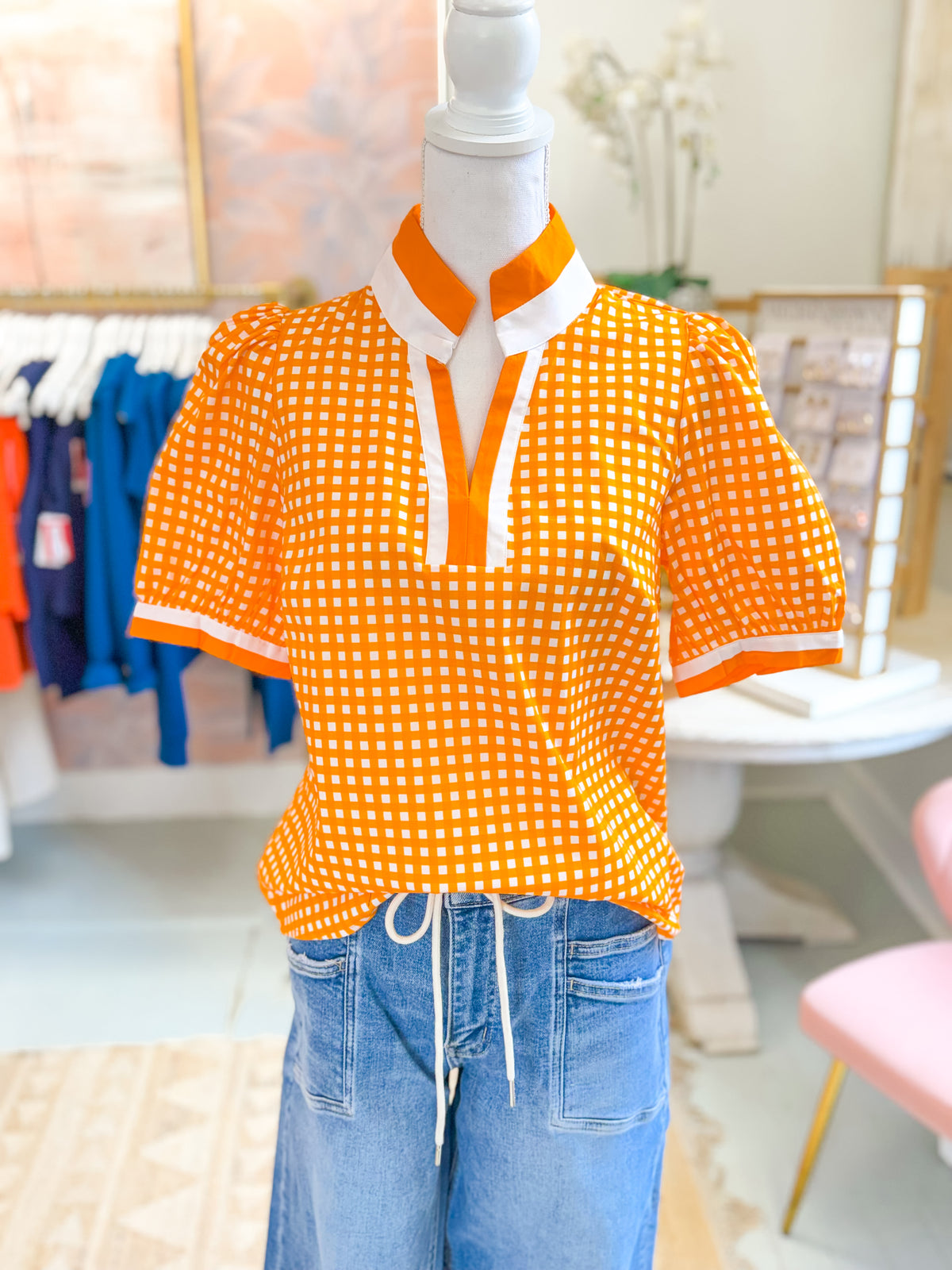 Tricia Orange and White Gingham Top
