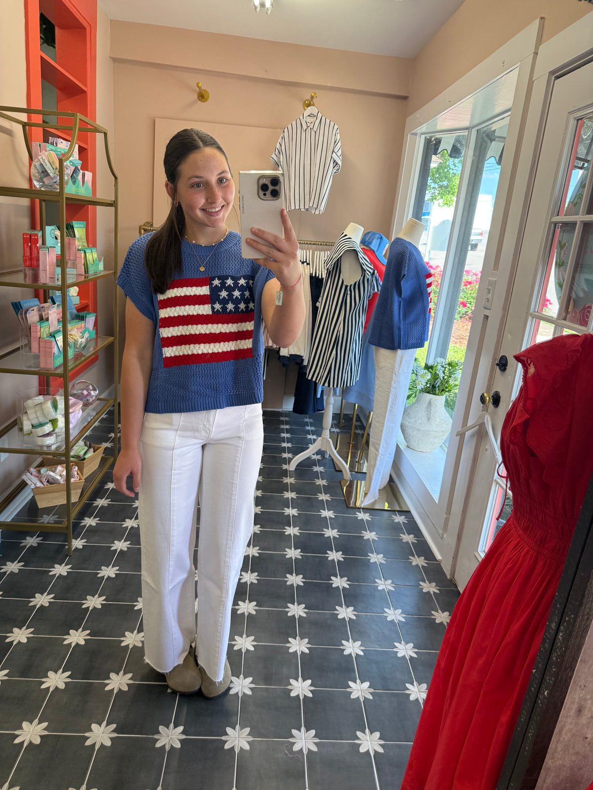 American Flag Open Stitch Sweater Top - Blue