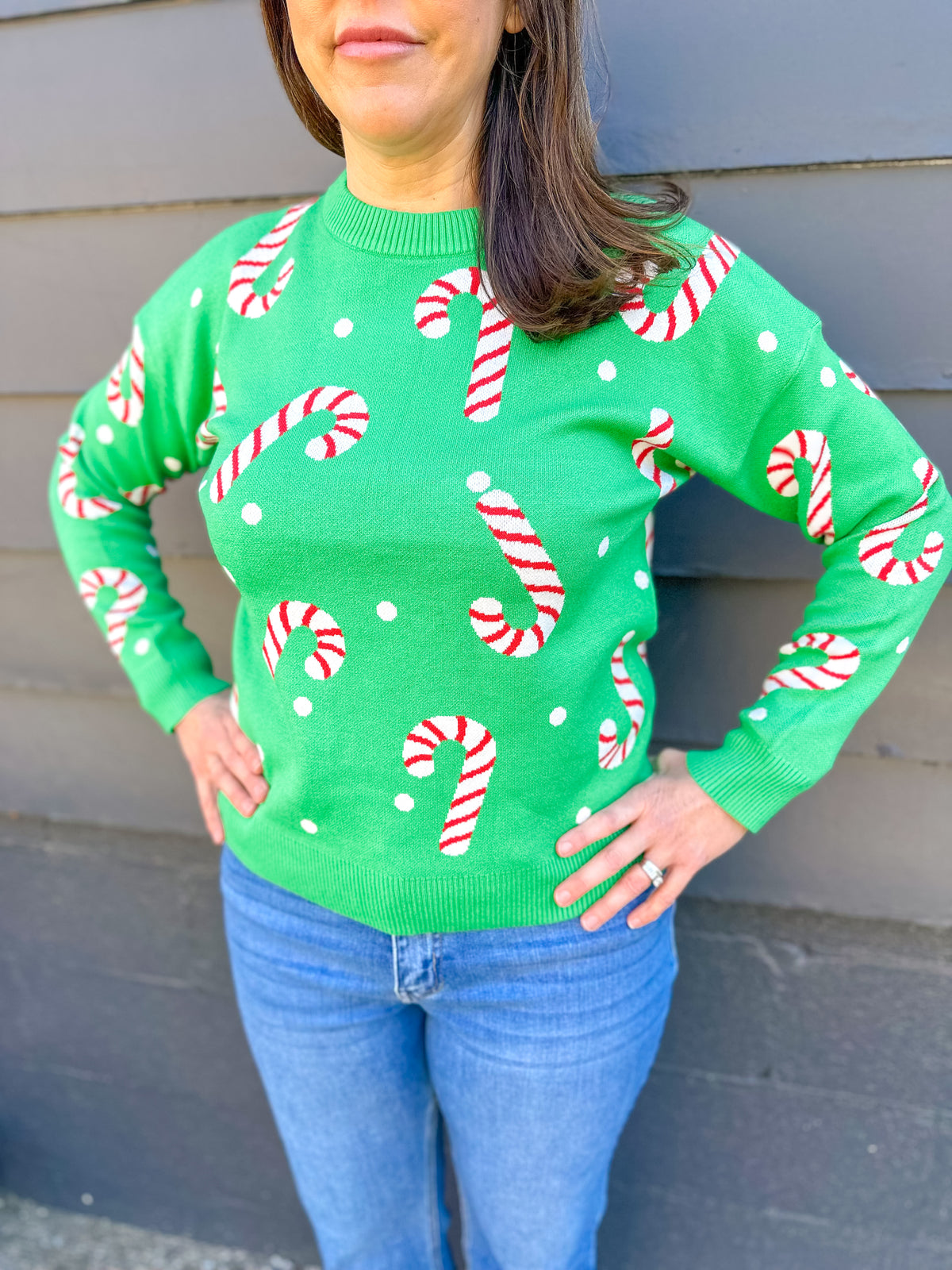 Candy Cane Crew Neck Holiday Sweater  - Green