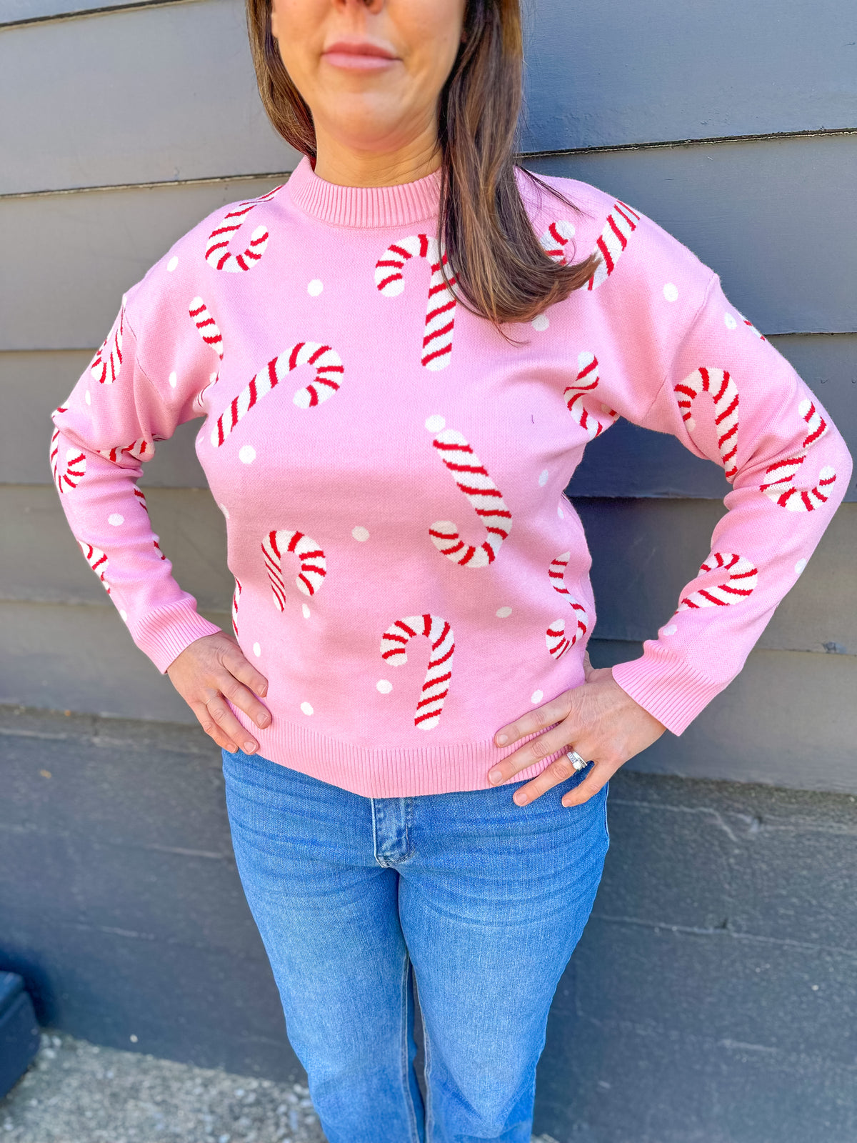 Candy Cane Crew Neck Sweater - Pink