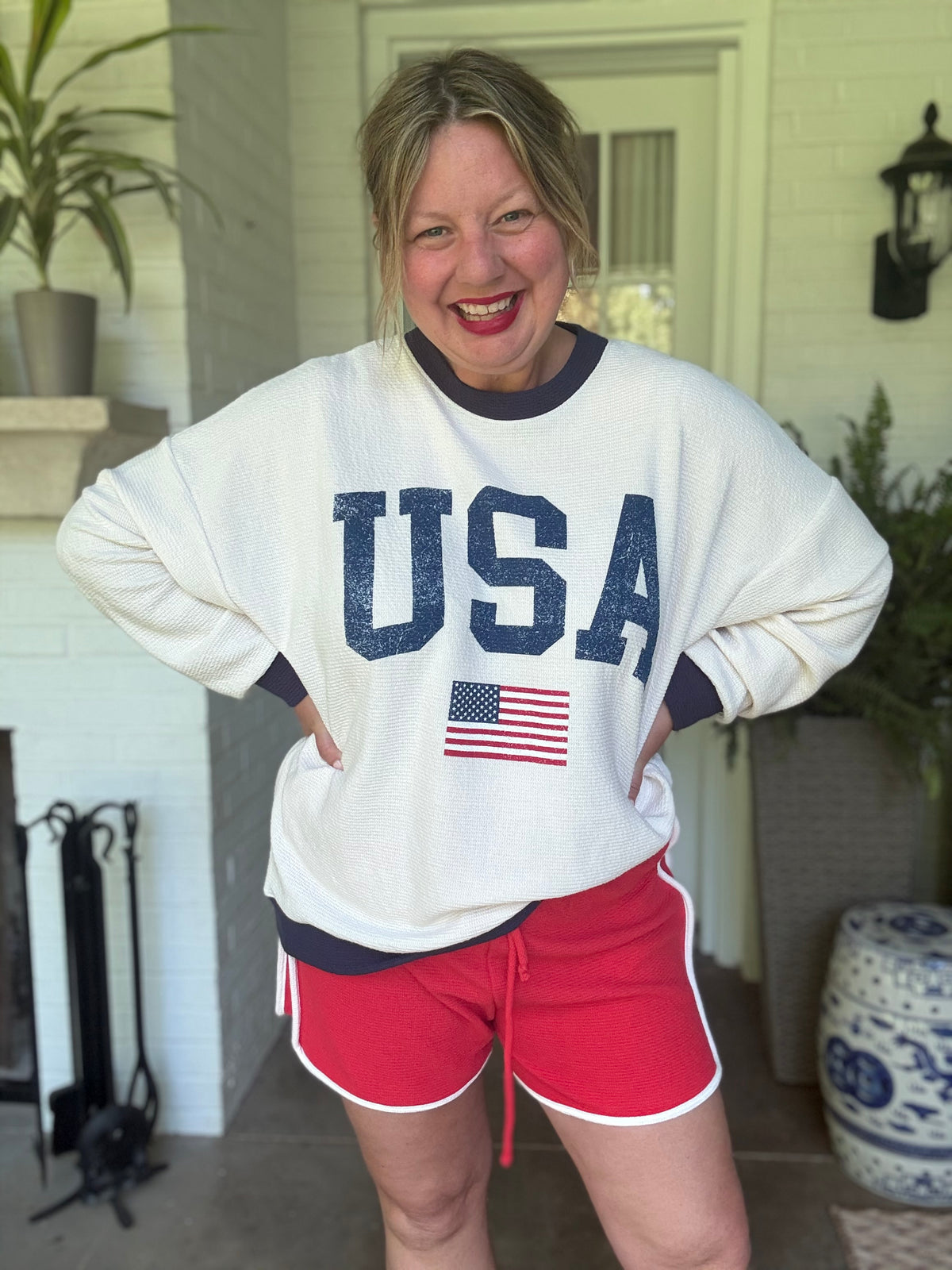 USA Navy and White Round Neck Knit Top