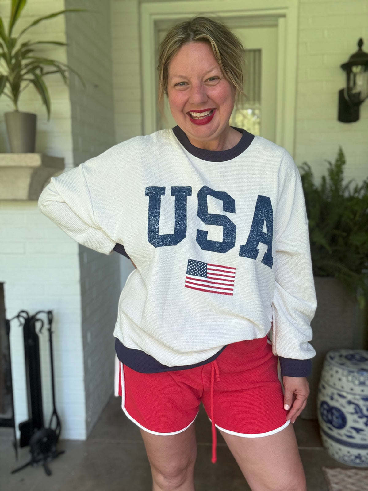 Red Textured Knit Shorts with White Contrast Trim