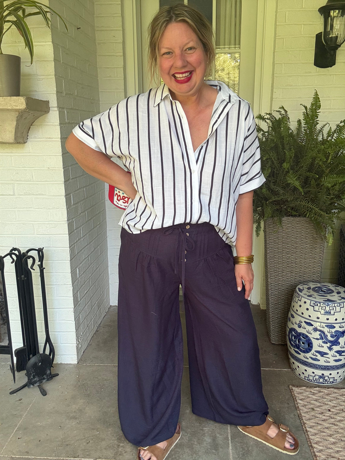 Navy and White Stripe Button Down Short Sleeve Top