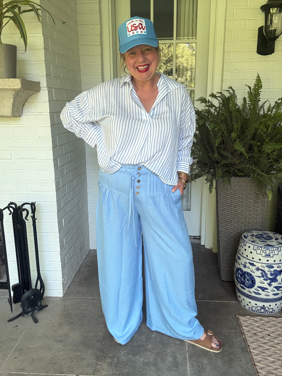 Wide Leg Pull-On Pants - Light Blue