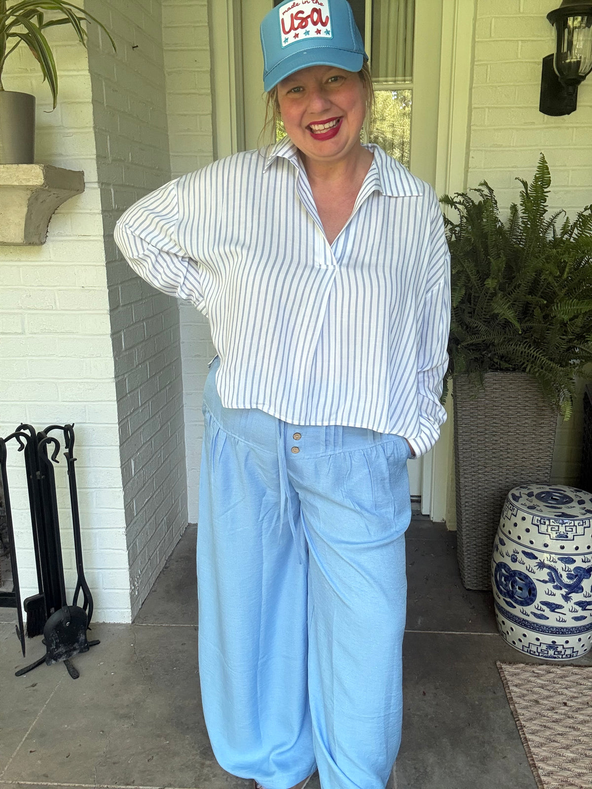 Blue and White Striped Button Up Shirt