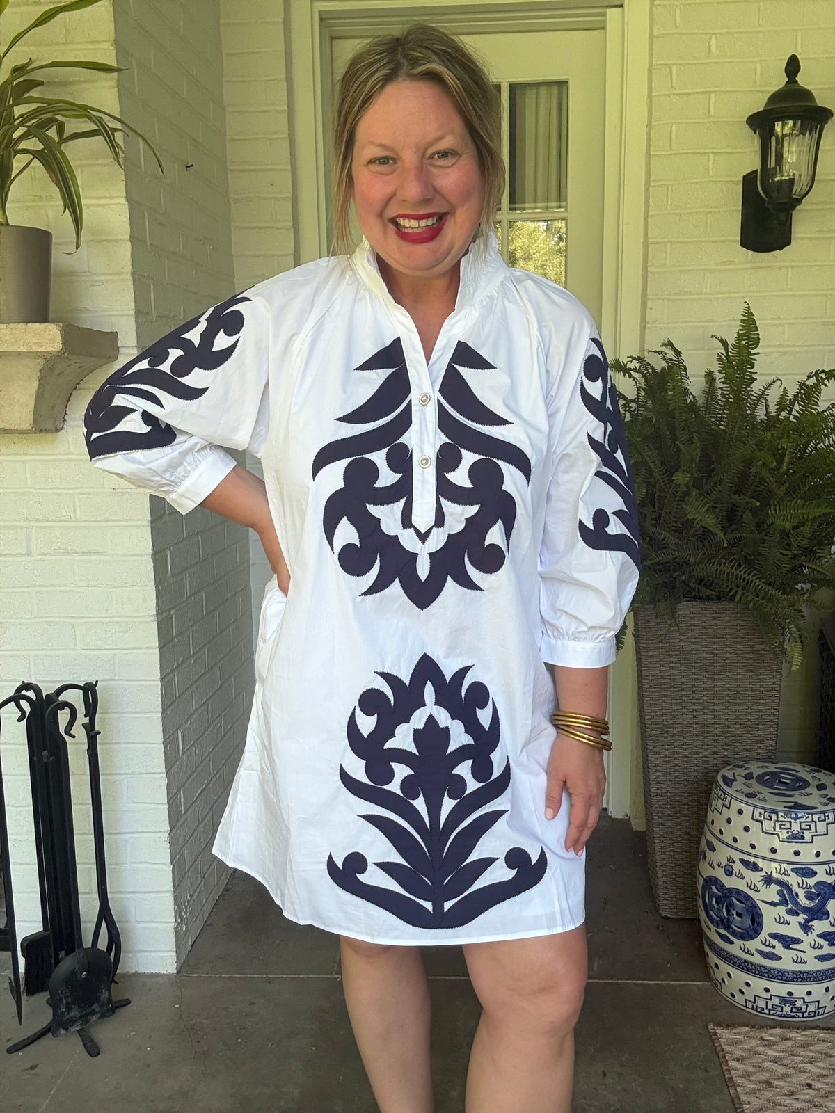 White Tunic Dress with Navy Ornate Print