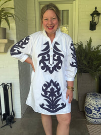 White Tunic Dress with Navy Ornate Print