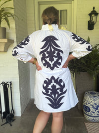 White Tunic Dress with Navy Ornate Print
