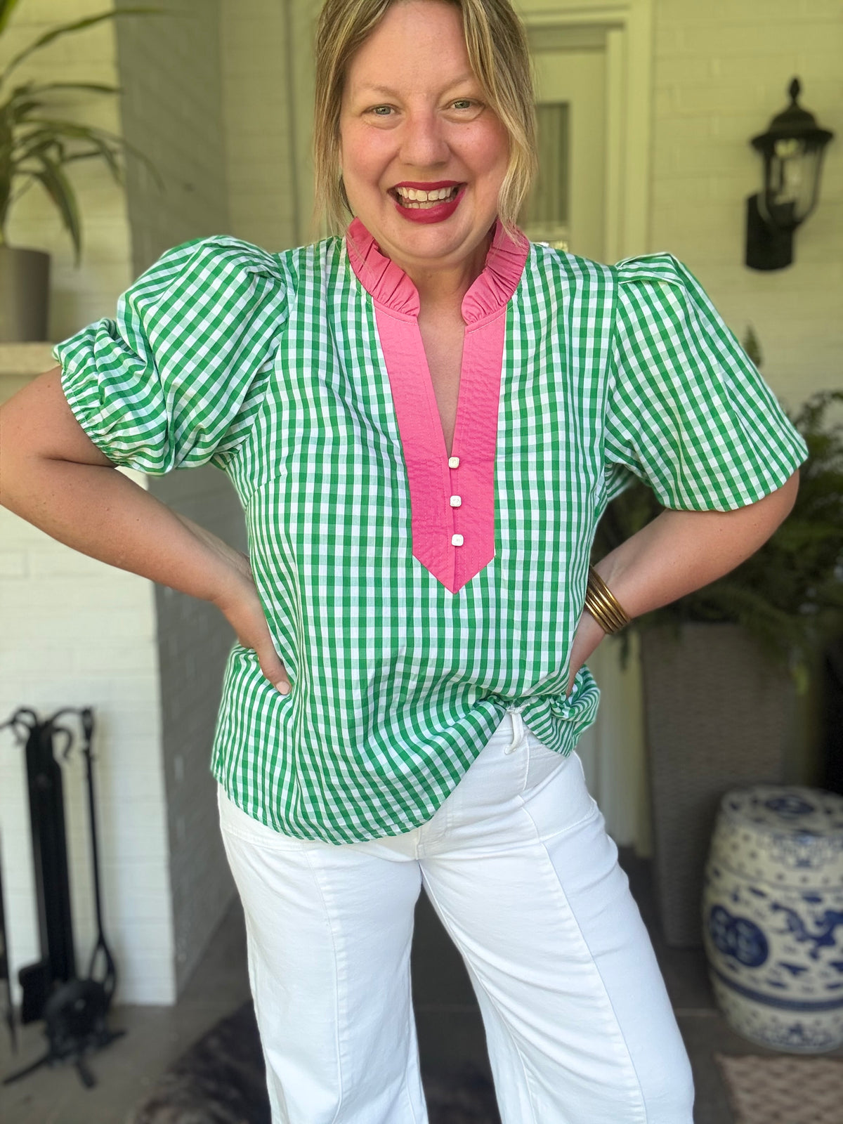 Green Gingham Puff Sleeve Top with Bright Pink Trim