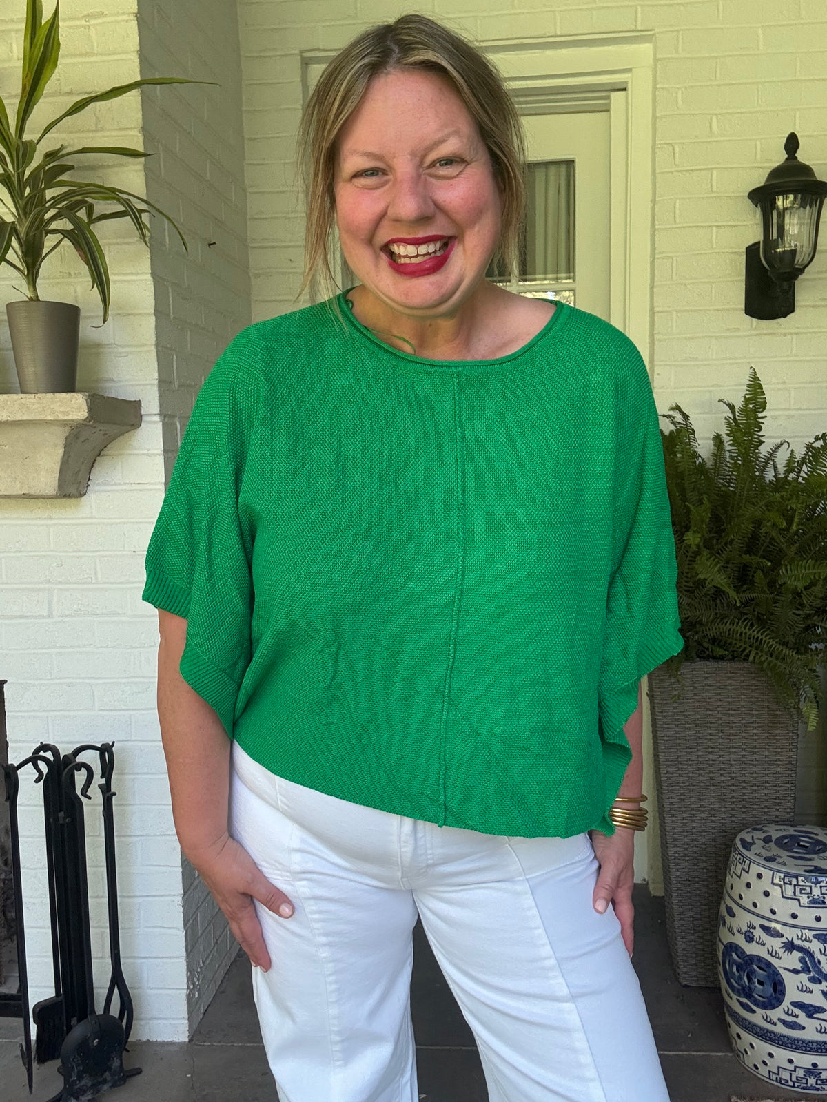Lightweight Oversized Knit Poncho Sweater - Kelly Green