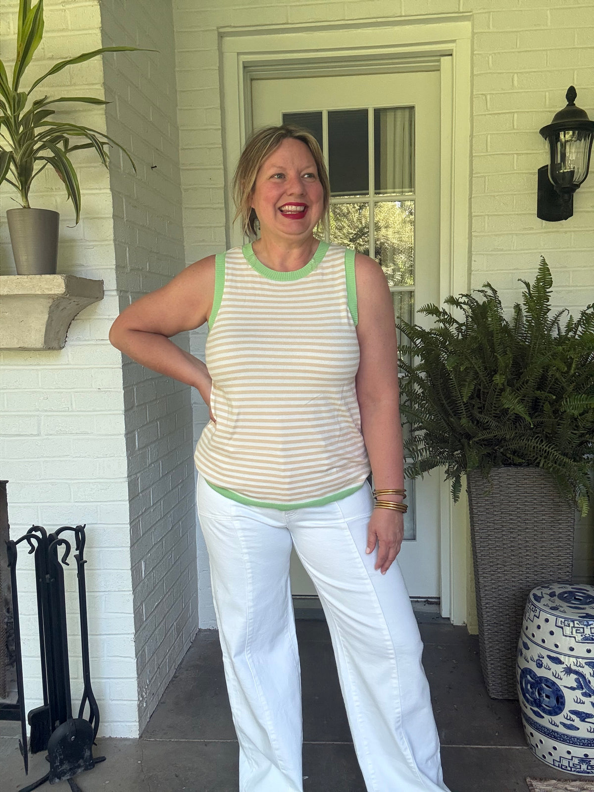 Sleeveless Crew Neck Striped Sweater Vest - Taupe Stripe