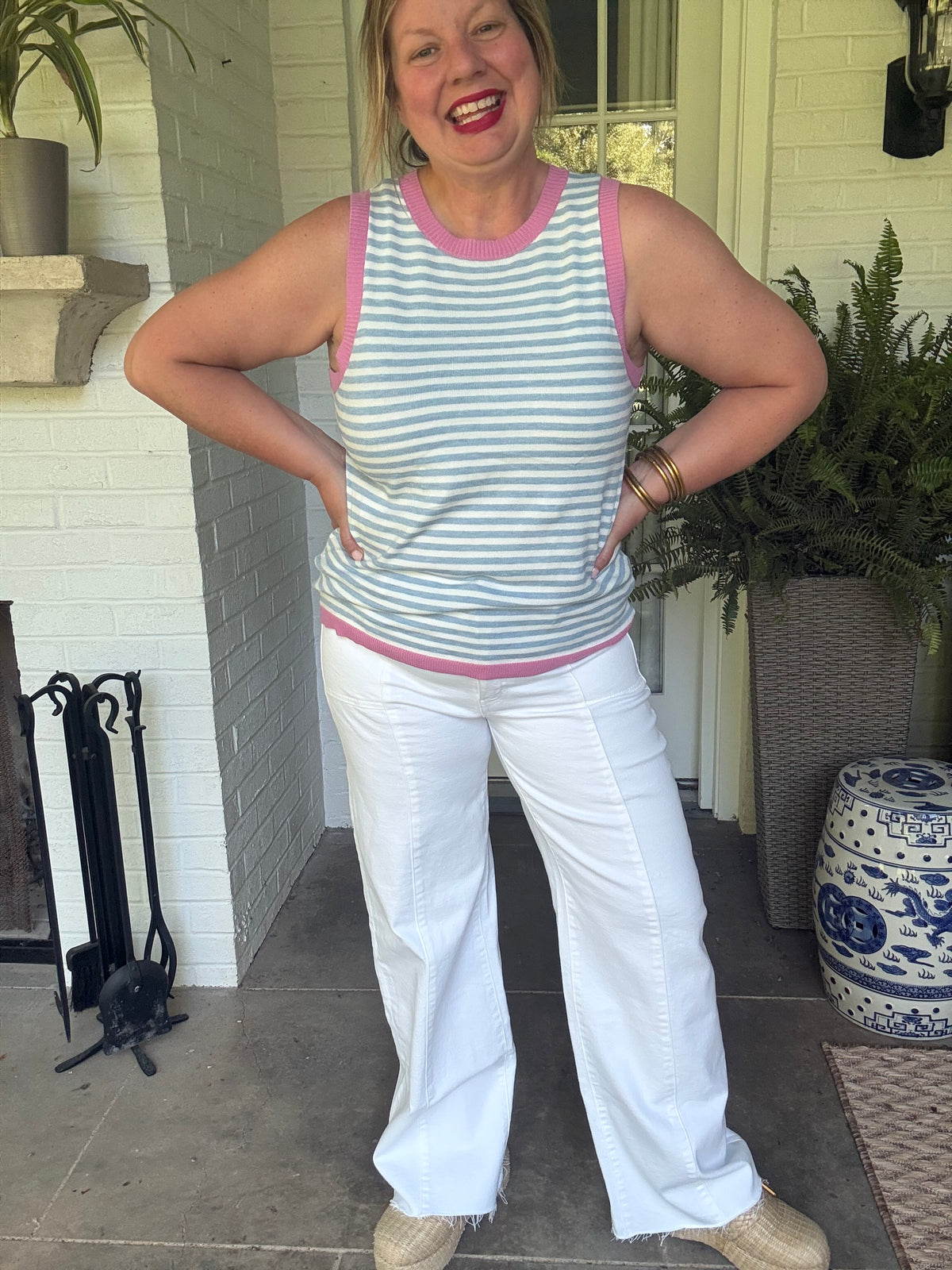 Sleeveless Crew Neck Striped Sweater Vest - Chambray Stripe