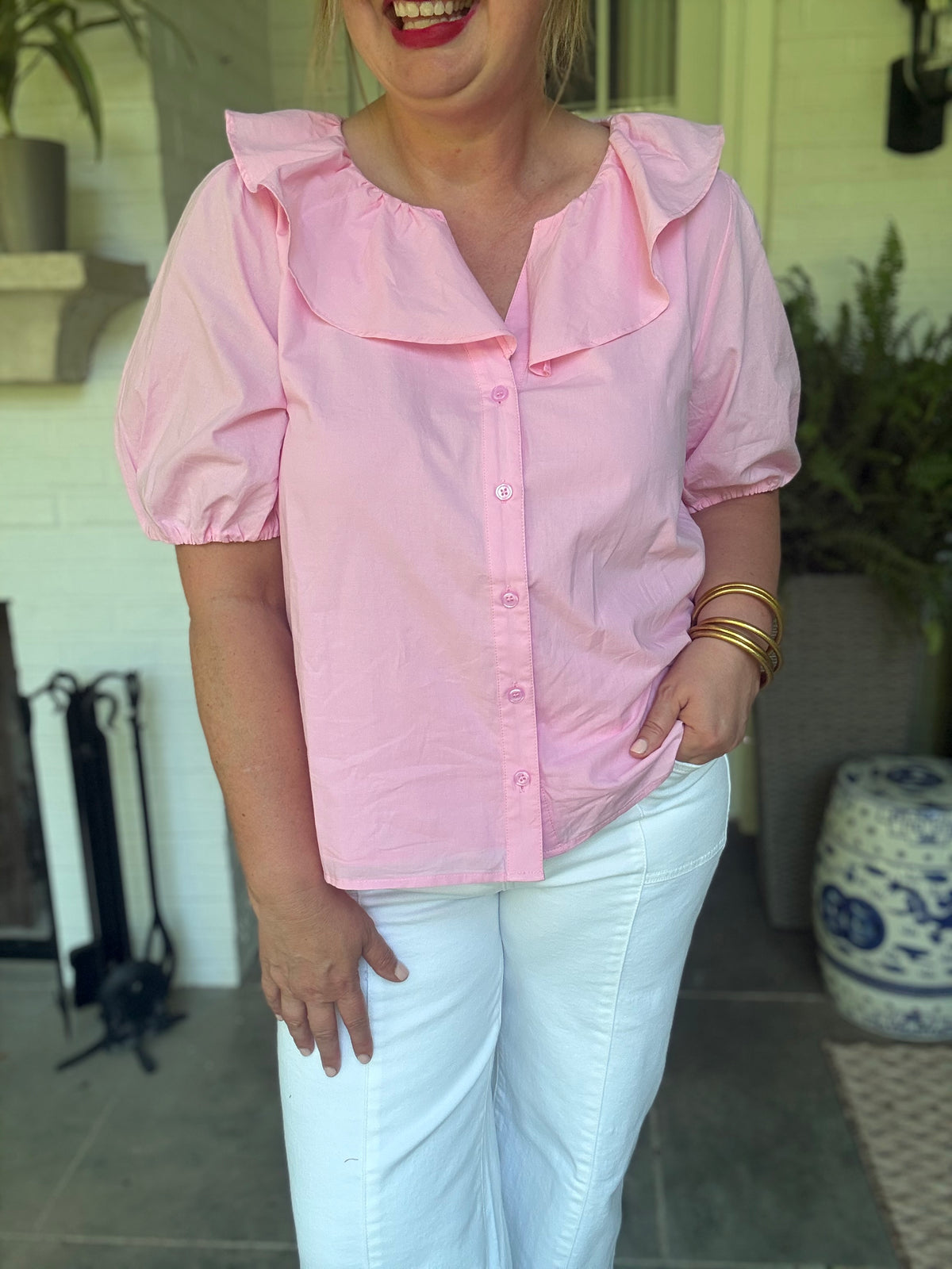 Peter Pan Collar Shirt with Puff Sleeves - Pink