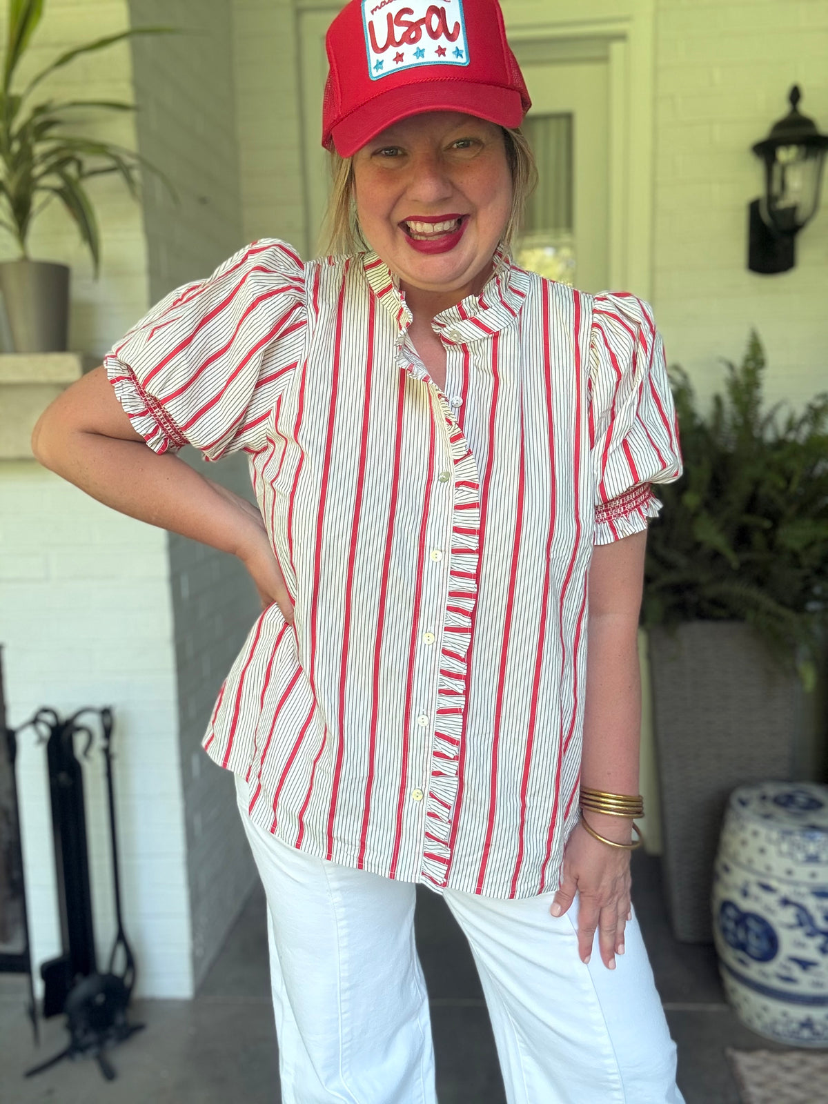 Classic Stripe Button Up Top with Puff Sleeves