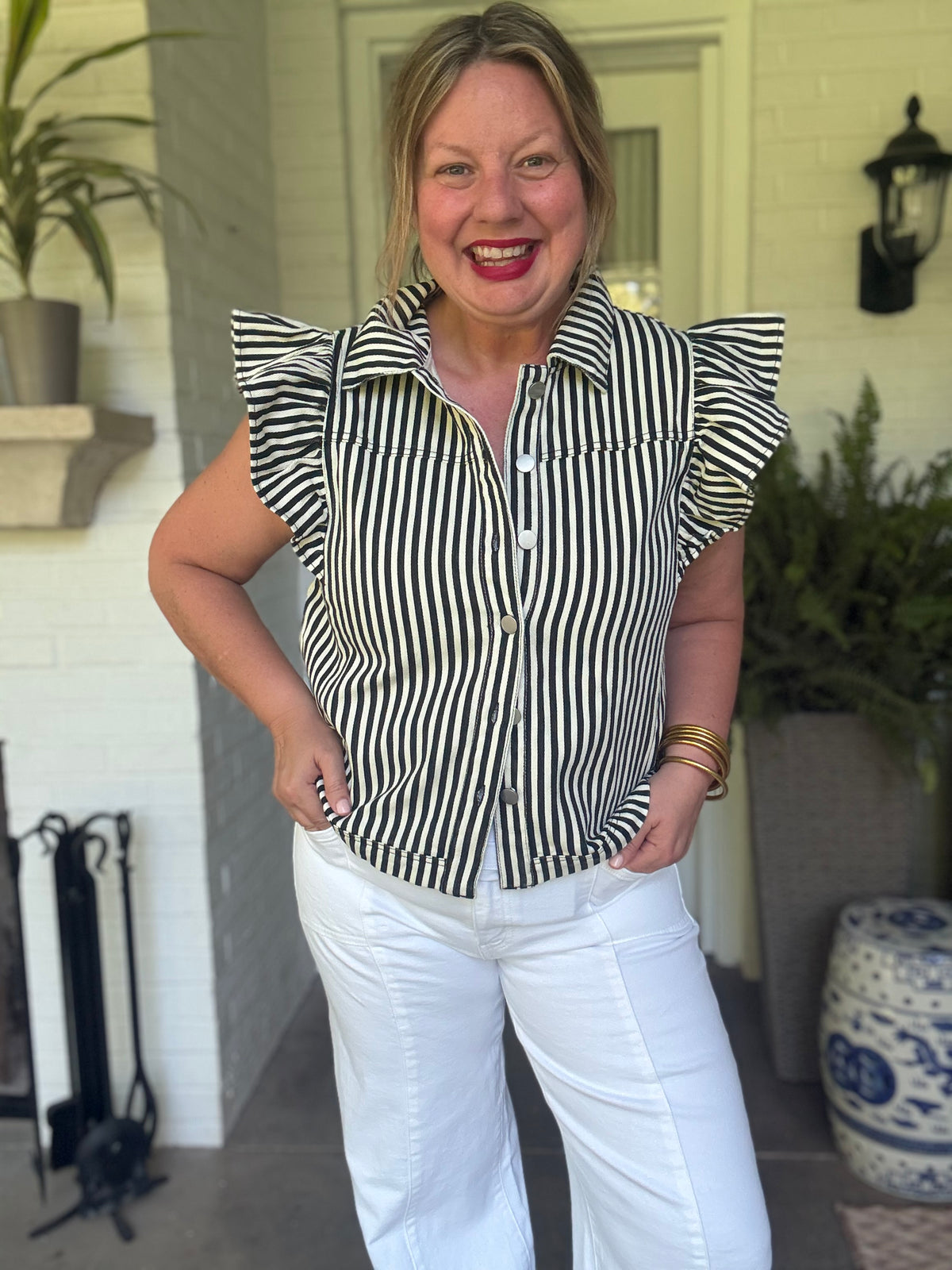 Black and White Vertical Stripe Flutter Sleeve Vest