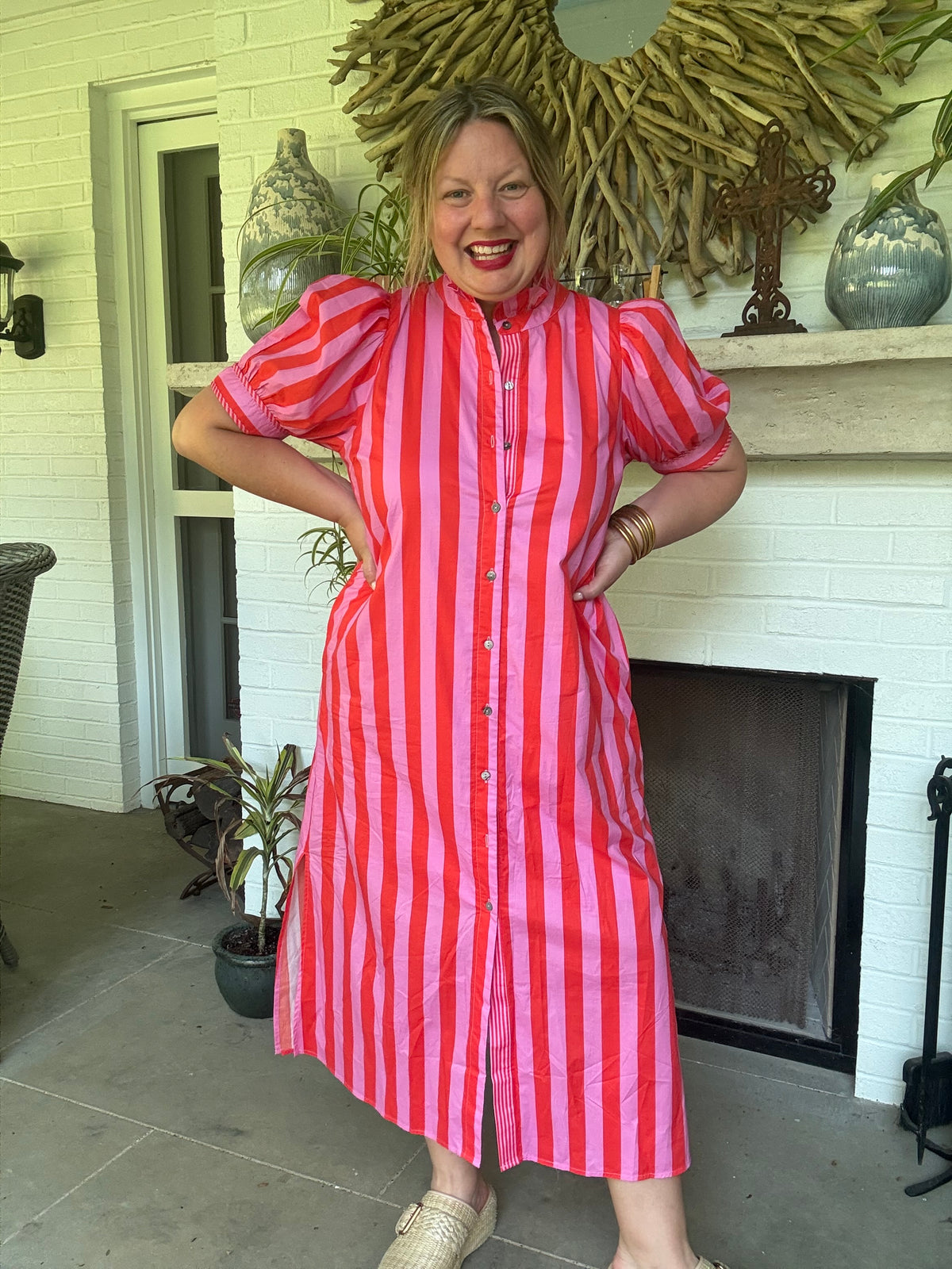 Pink Stripe Puff Sleeve Midi Dress