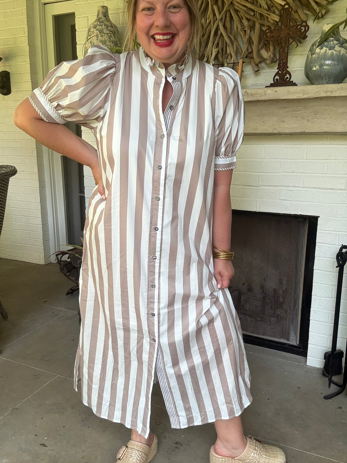 Taupe Stripe Puff Sleeve Midi Dress