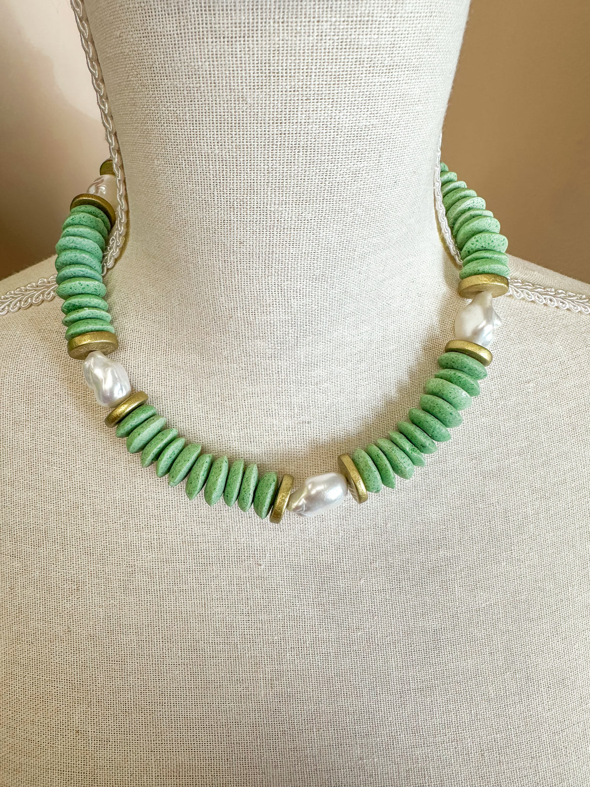 Green Clay & Pearl Statement Necklace