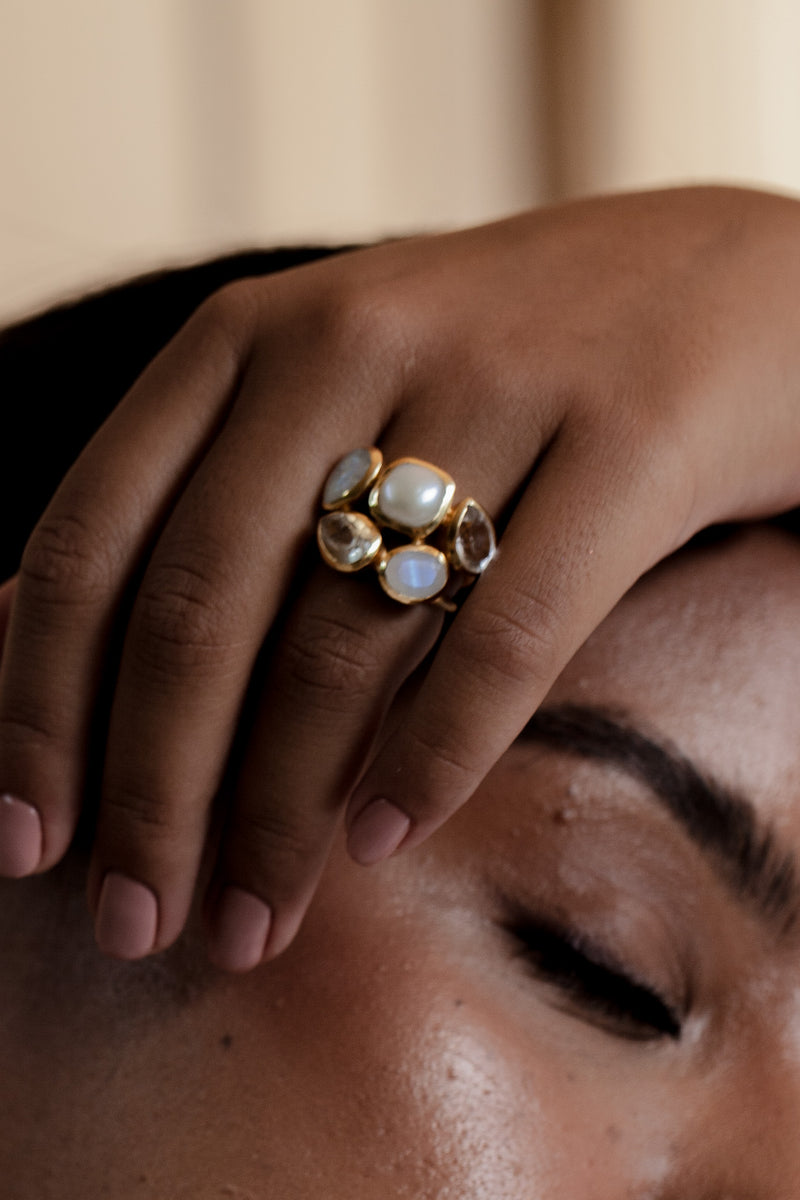Fia Ring - Pearl, Rainbow Moonstone, and Clear Quartz
