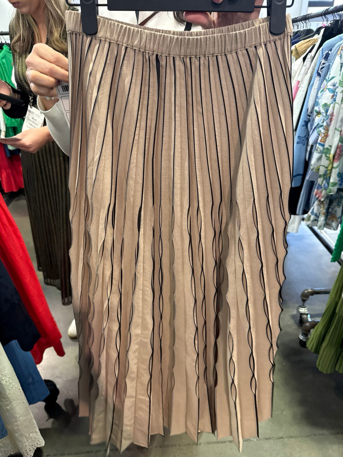 Taupe Striped Pleated Midi Skirt