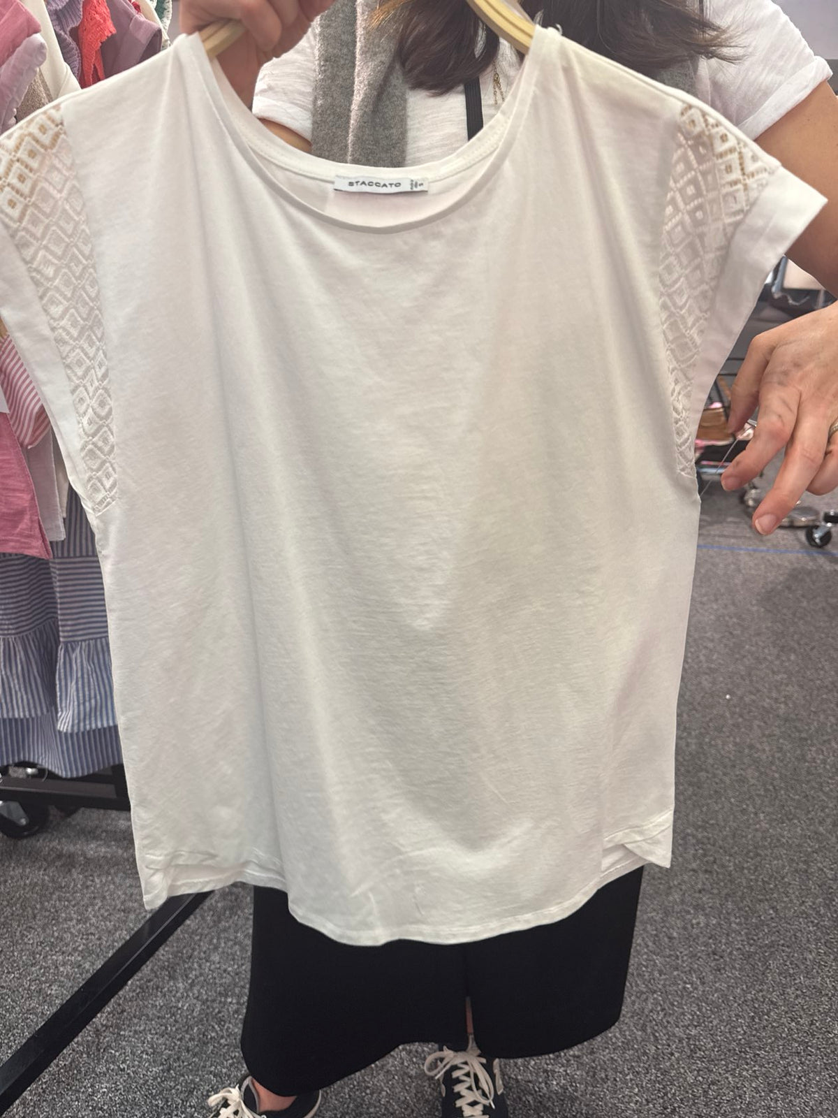 Lace Insert Cap Sleeve Cotton Jersey Top - White