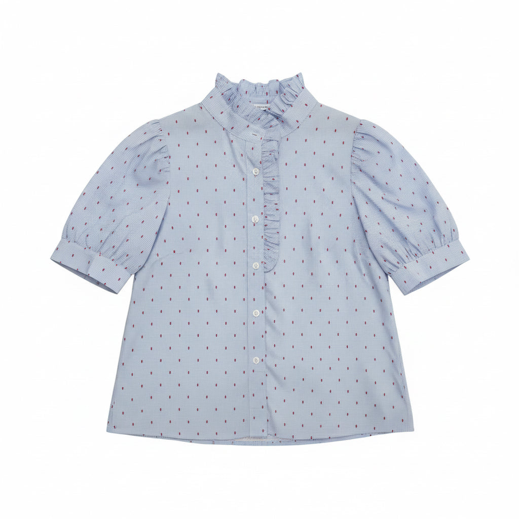 Mini Gingham Puff Sleeve Frill Neck Blouse