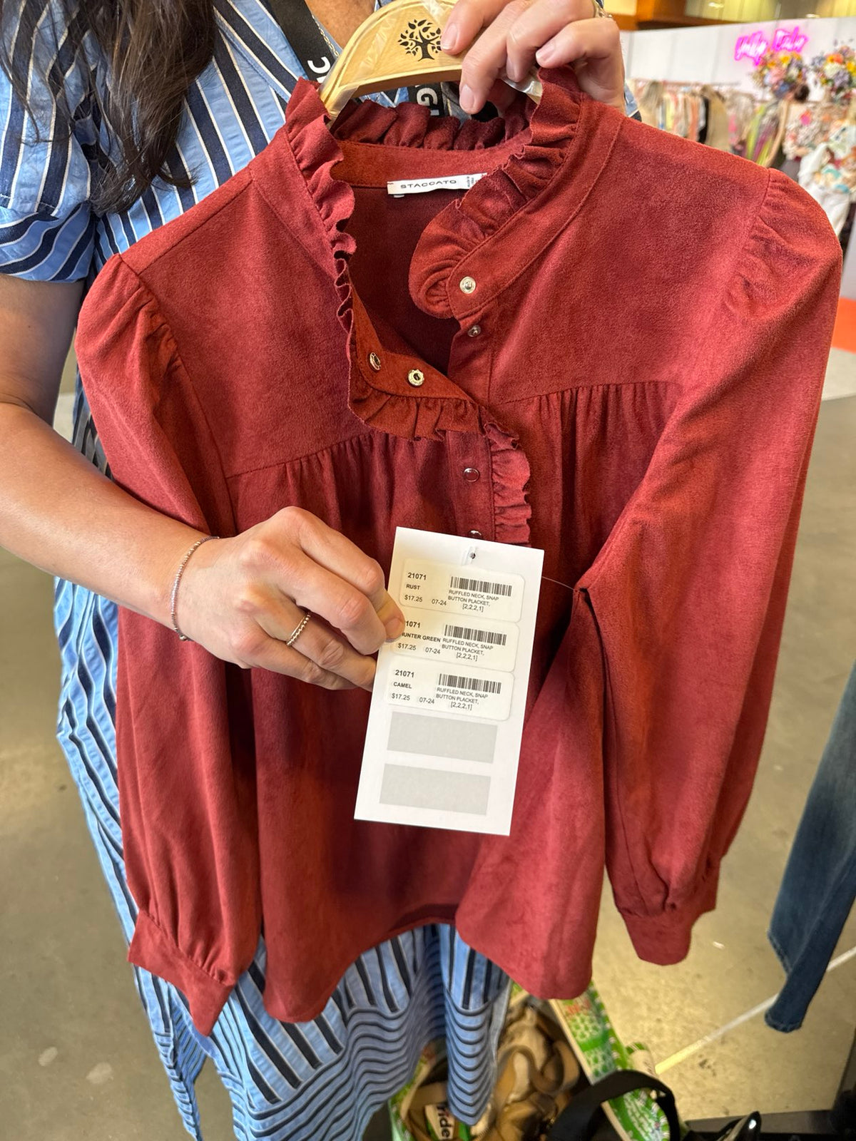Ruffled Neck Snap Button Placket - Rust