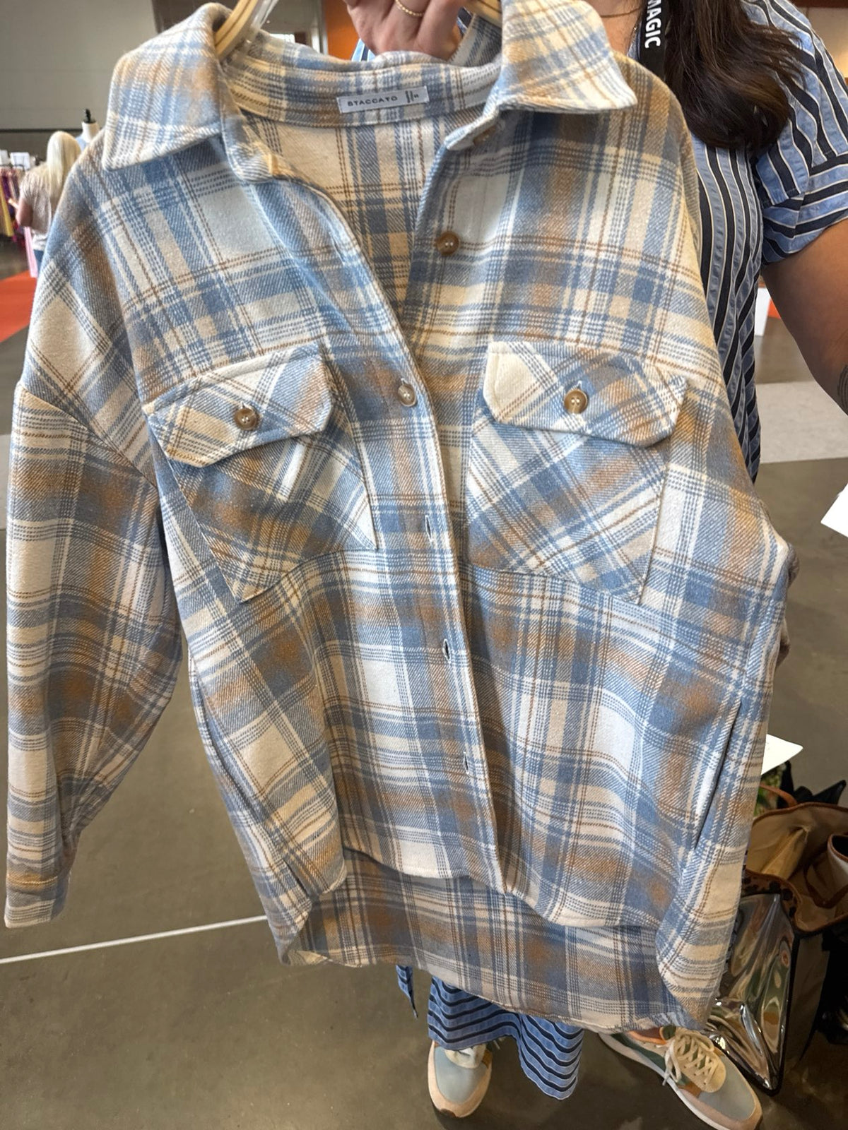 Double Chest Pocket Button Down Jacket - Ivory and Blue