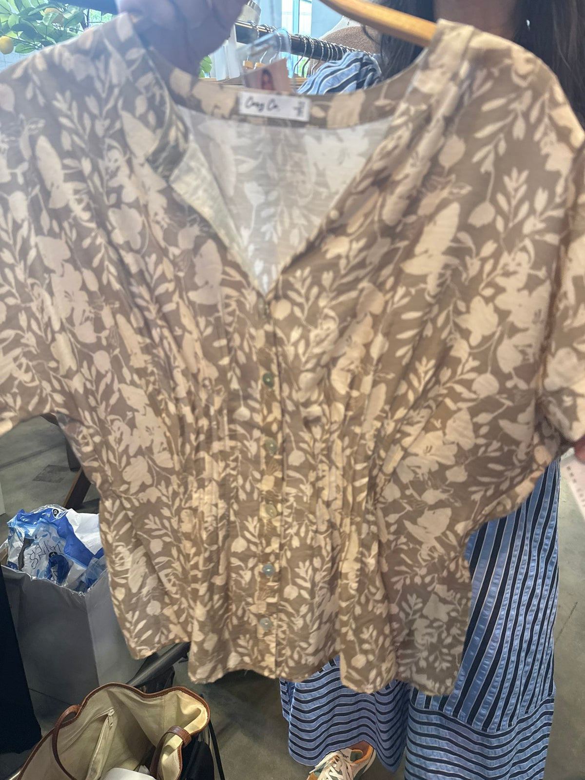 Floral Pleated Waist Drop Shoulder Short Sleeve Top - Khaki