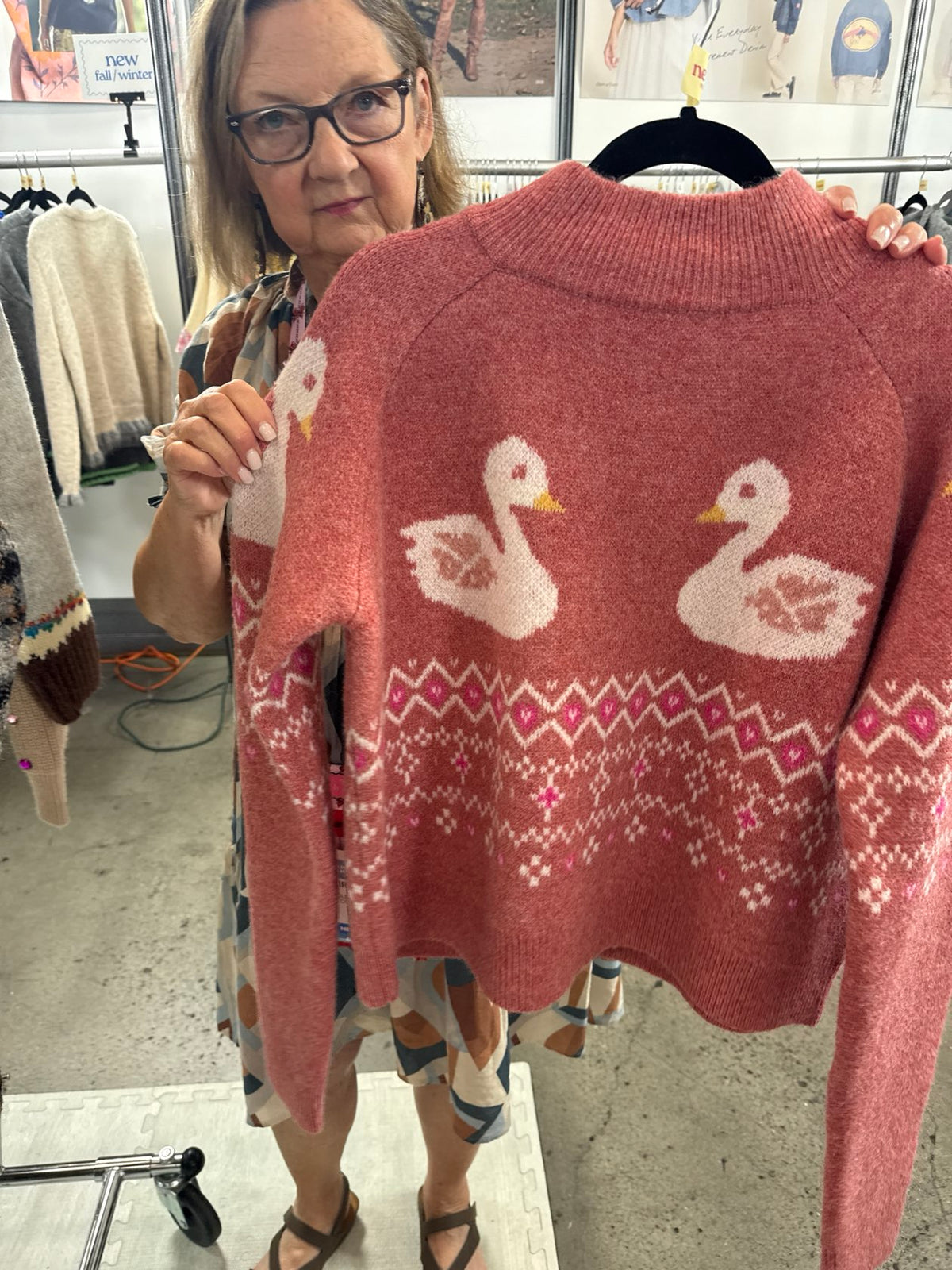 Swan Fair Isle Mock Neck Sweater - Light Red