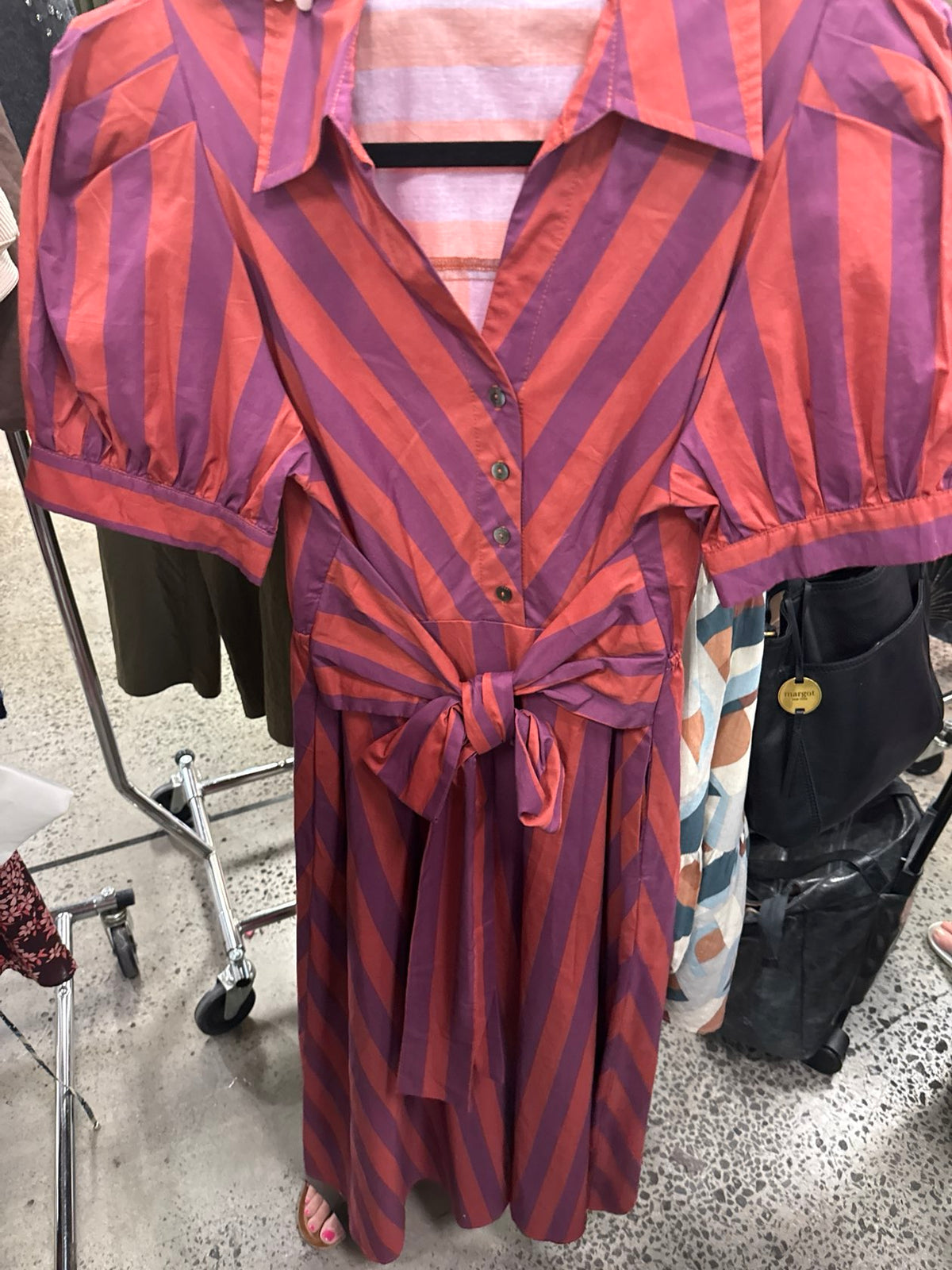 Striped Tie Waist Midi Dress - Pink