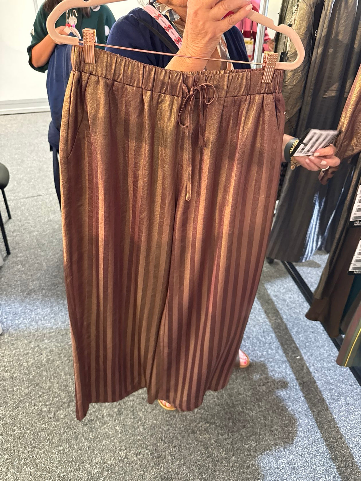 High Waist Wide Leg Metallic Stripe Pant - Burgundy