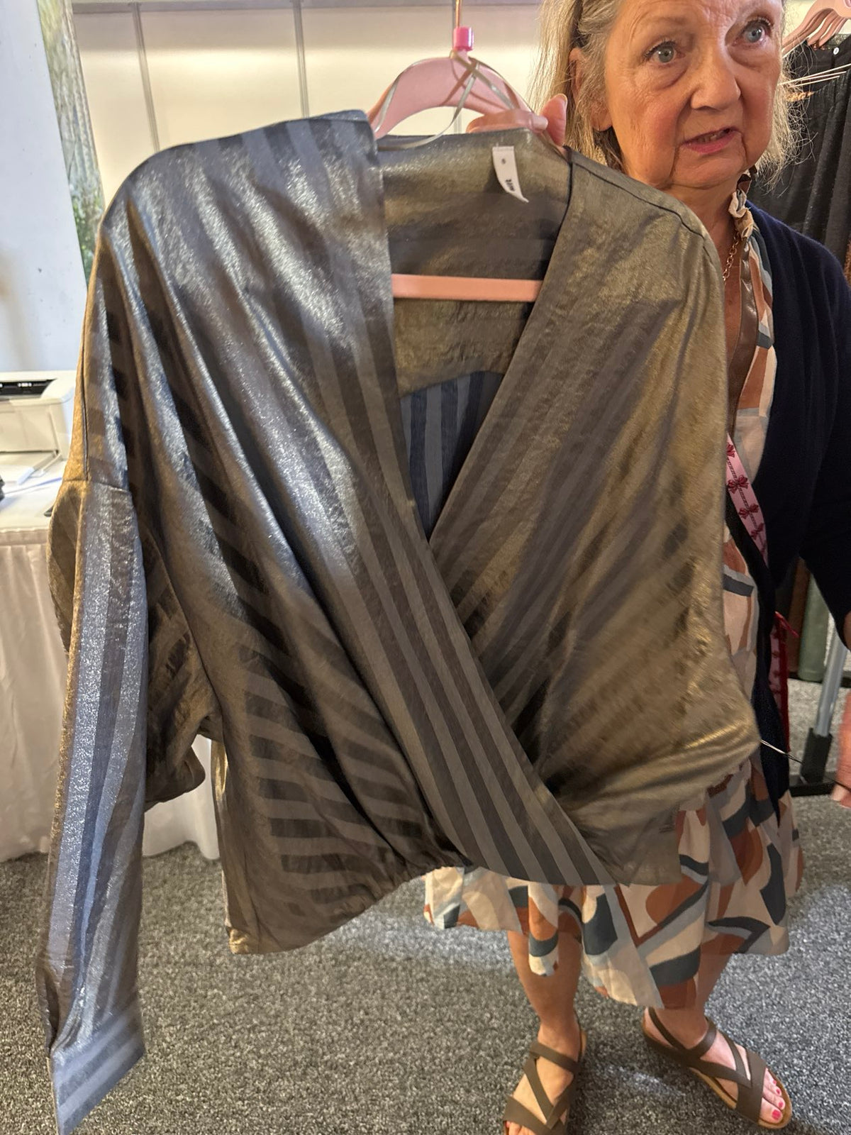 V-Neck Long Sleeve Wrap Over Metallic Stripe Blouse - Indigo