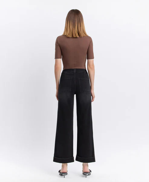 Kris High Rise Cuffed Baggy Wide Leg Jeans - Black