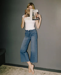Right - High Rise Raw Hem Crop Slim Wide Leg Jeans