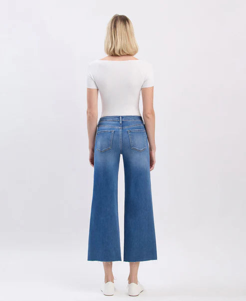Right - High Rise Raw Hem Crop Slim Wide Leg Jeans