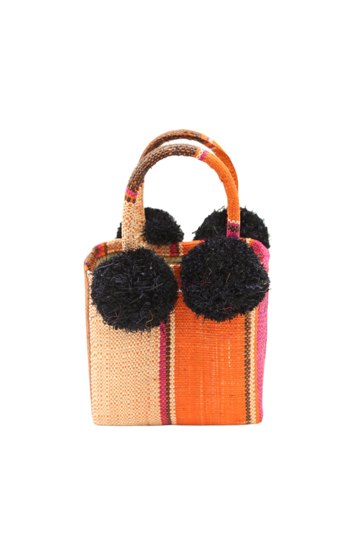 Straw Mini Bag with Pompom Accent