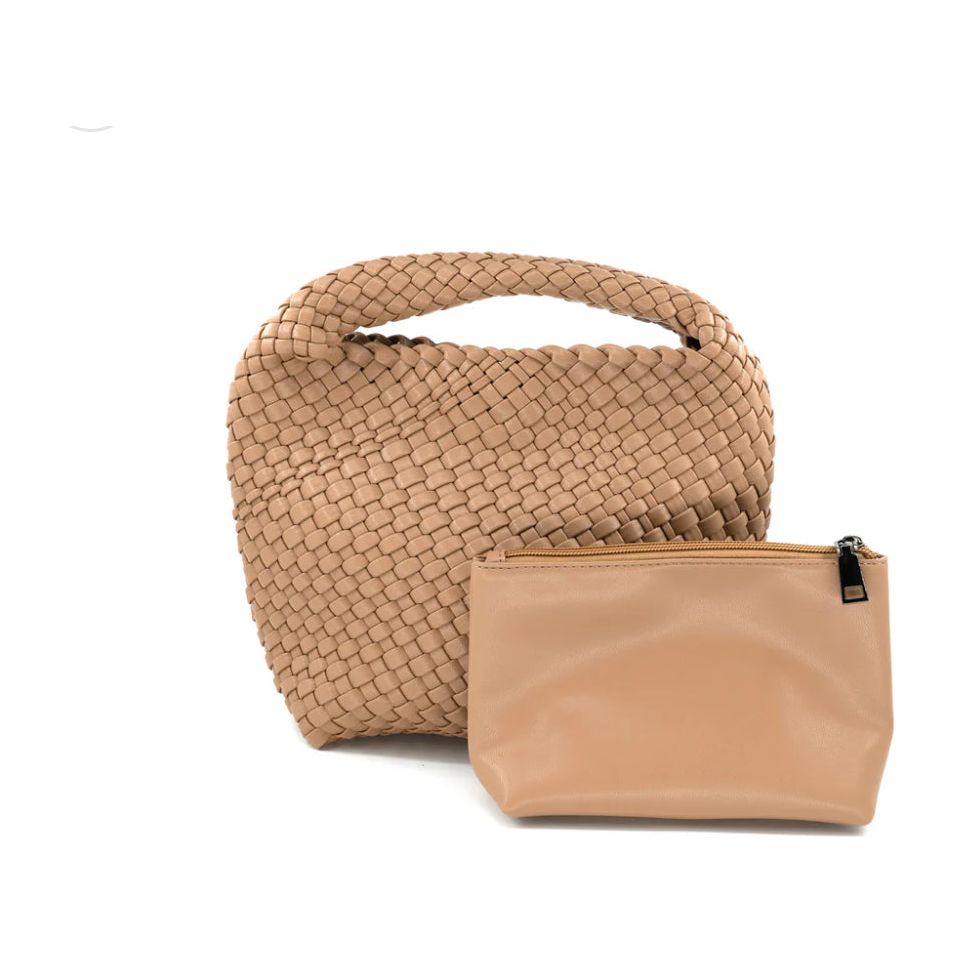 Woven Mini Hobo Bag w/ Crossbody Strap - Taupe