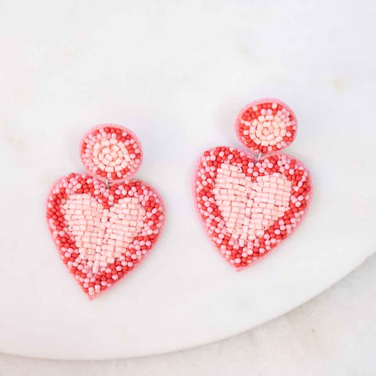 The Royal Standard - Heart Beaded Earrings   Pink/Red   2.5"