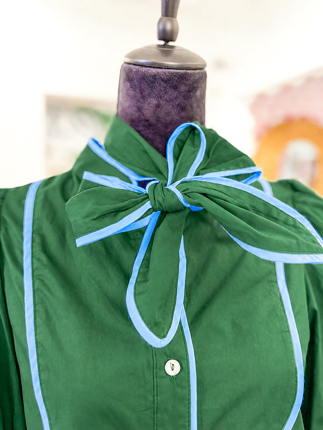 Contrast Trim Tie Neck Blouse - Green