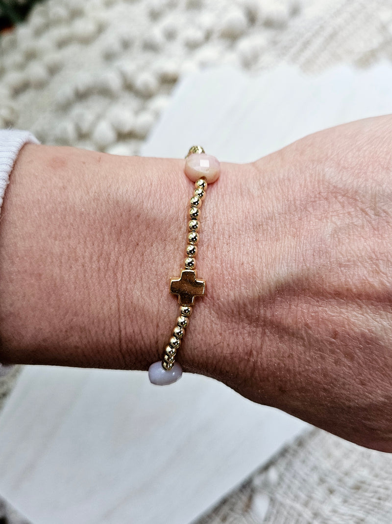 Signature Cross Admire Gold Pattern 3mm Bead Bracelet - Pink Opal