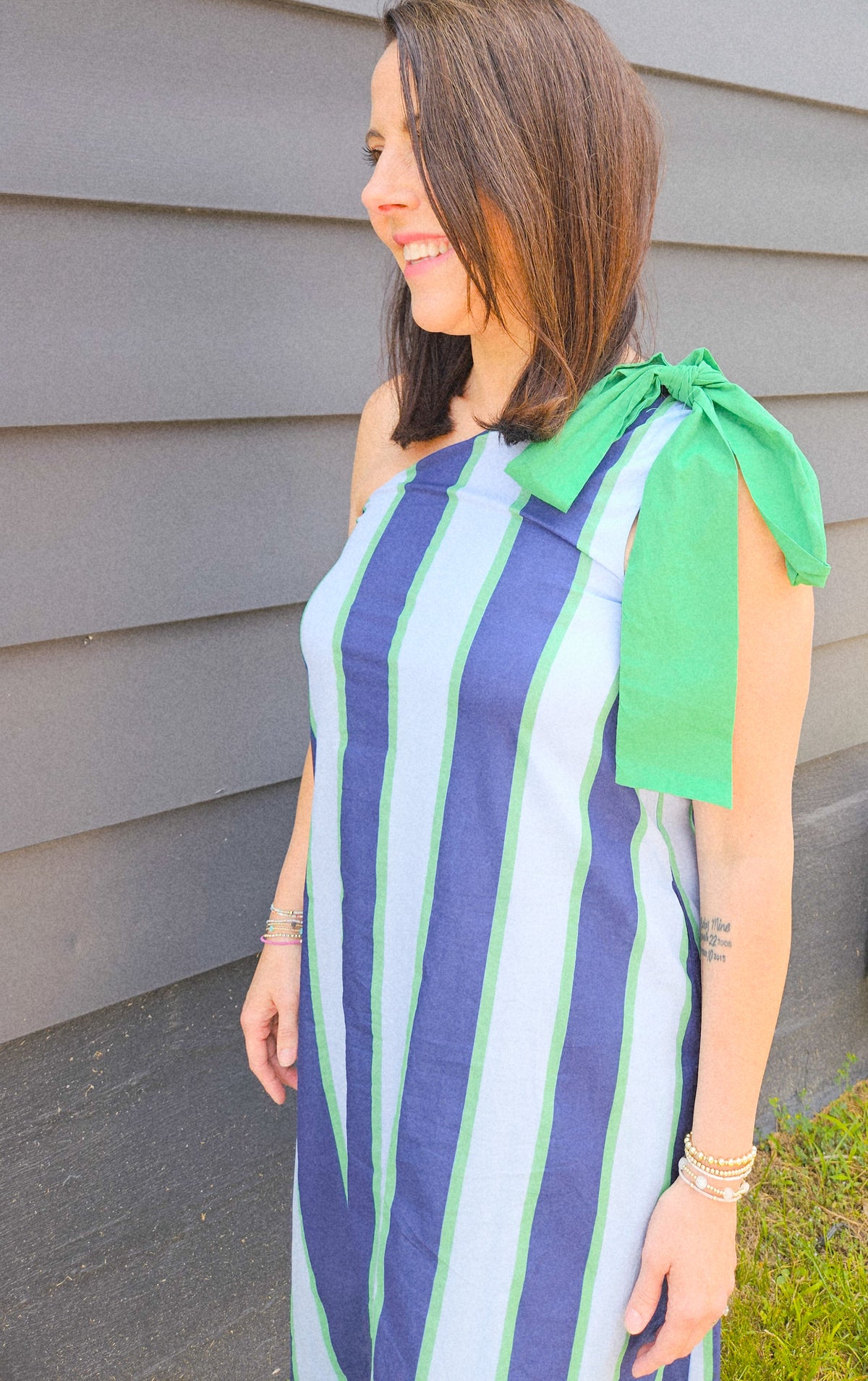 Isla Blue and Green Stripe Dress One Shoulder