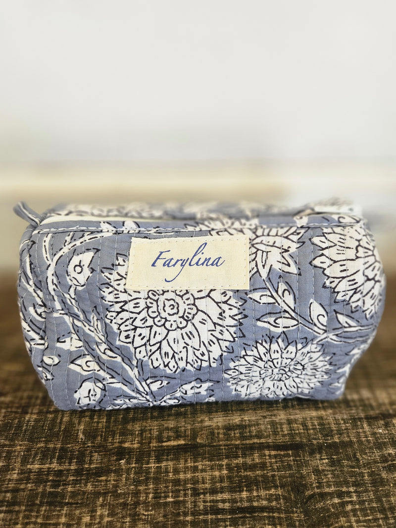 Steel Blue Quilted Cosmetic Bag - Multiple Sizes