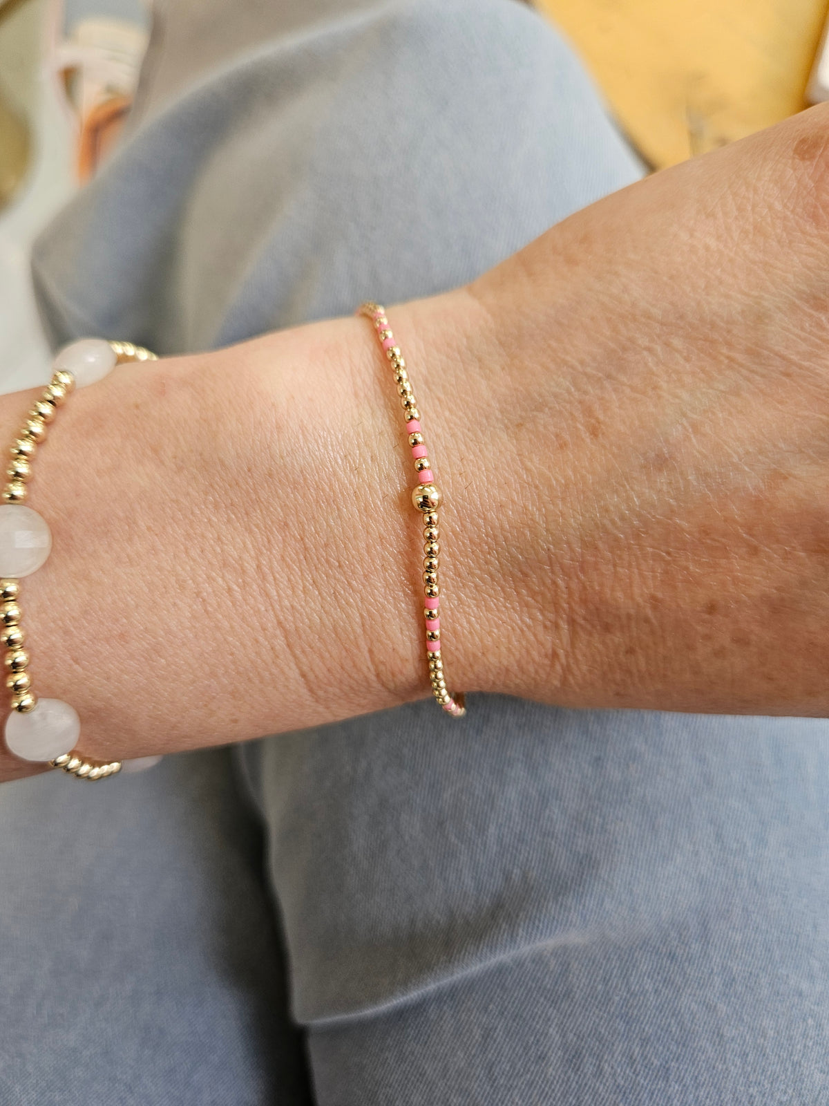 Hope Joy Pattern 2mm Bead Bracelet - Bright Pink