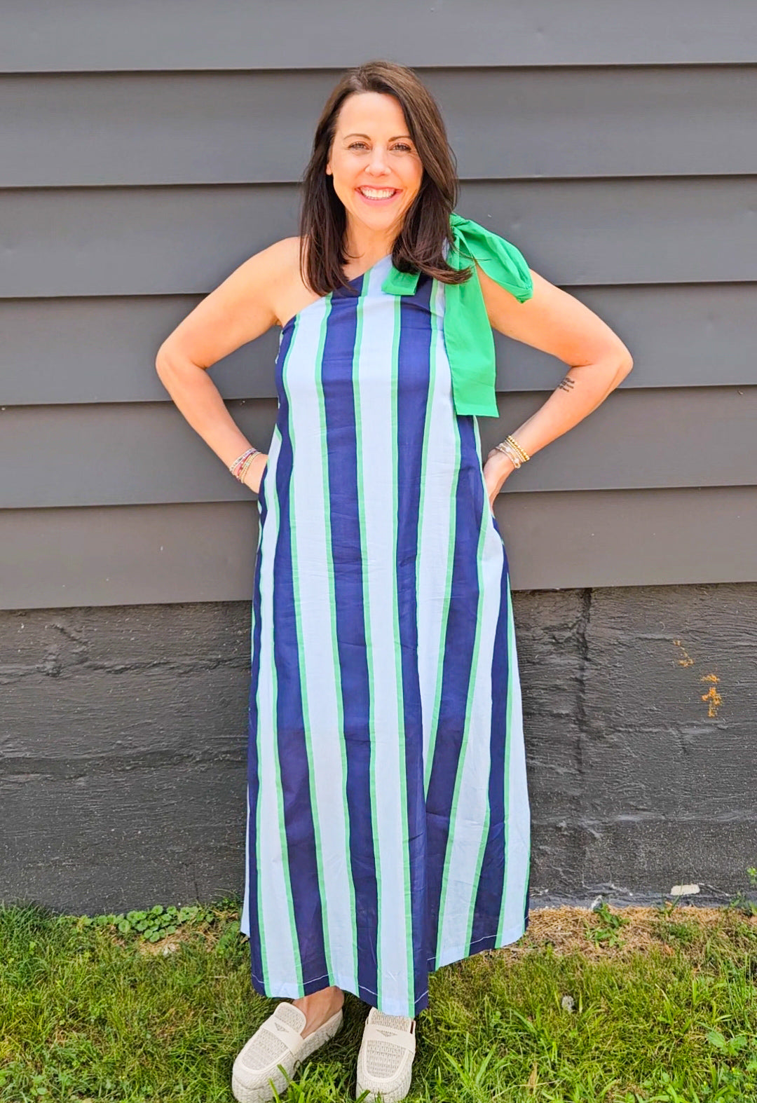 Isla Blue and Green Stripe Dress One Shoulder