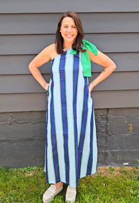 Isla Blue and Green Stripe Dress One Shoulder