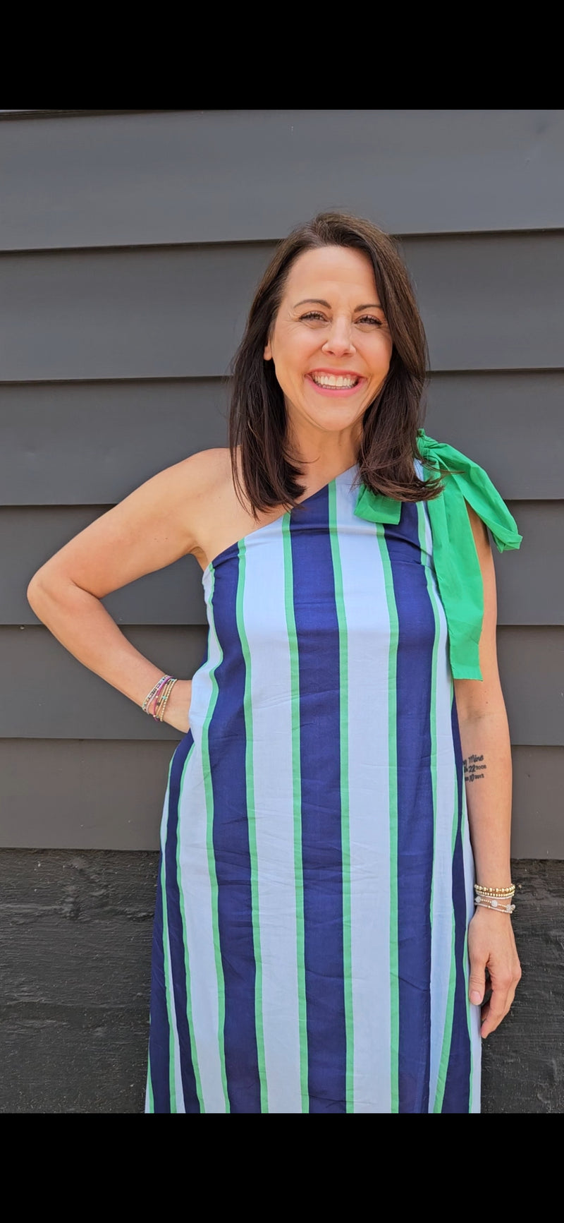 Isla Blue and Green Stripe Dress One Shoulder