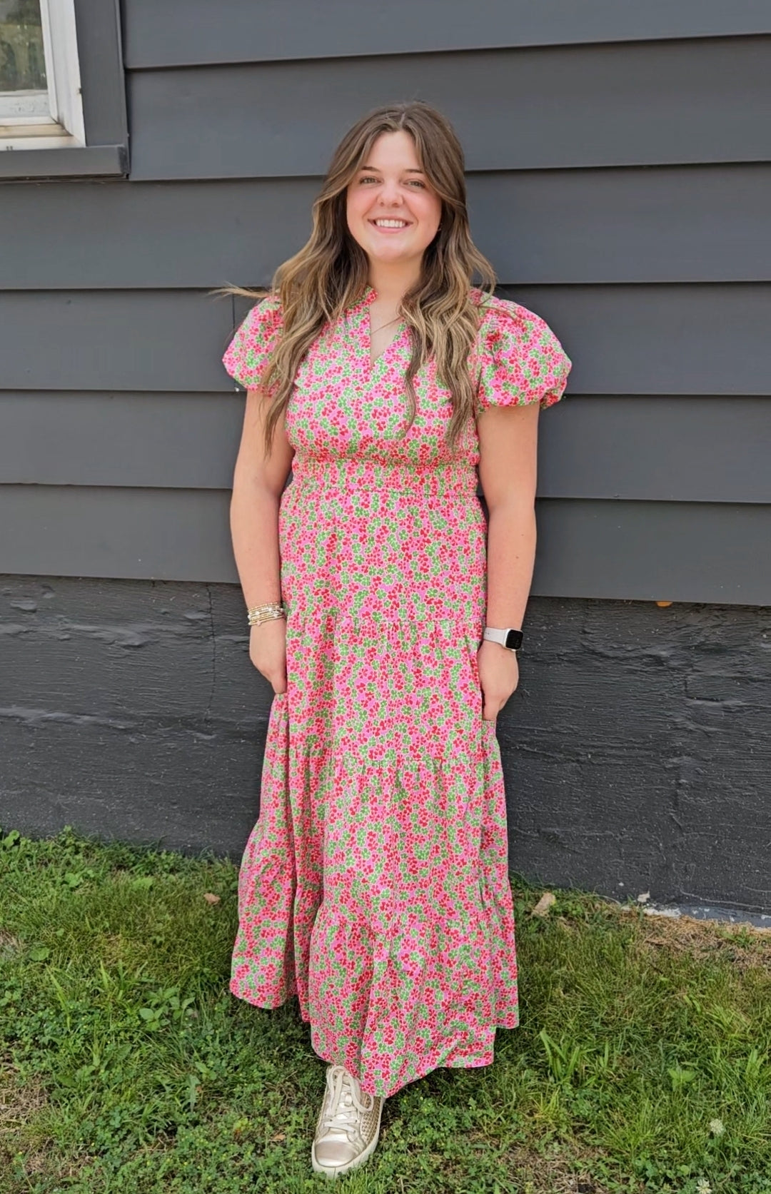 Sally pink, green, and red floral Full Length Dress